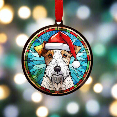 Fox Terrier in Santa Hat Suncatcher Decoration